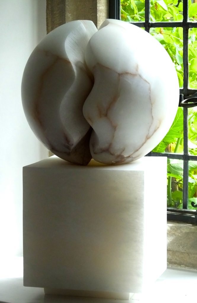 Fracture II, white alabaster with white alabaster base by Mel Fraser, contemporary stone sculpture