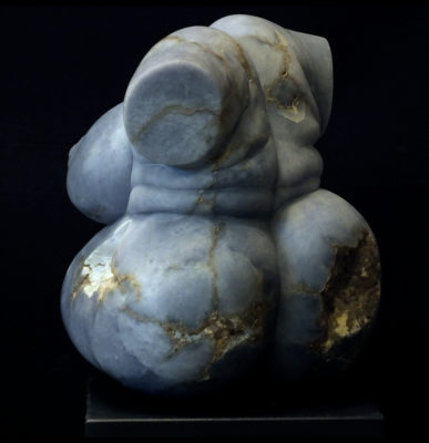 Seated Rubenesque II, blue alabaster, by Mel Fraser, contemporary stone sculpture